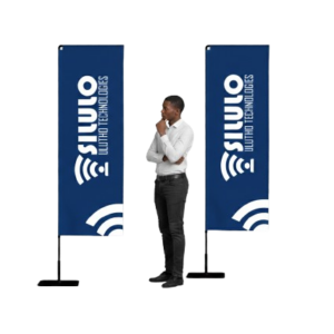 Two Telescopic Banners and a black man in between